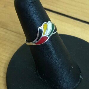 Sterling Silver Multi Color Enamel Fan Feather Shape Ring Madein Mexico Size 6.5